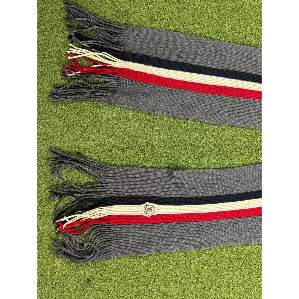 Moncler Wool Scarf Gray Red‎ Navy Stripe Logo Fringe Unisex - Picture 5 of 16